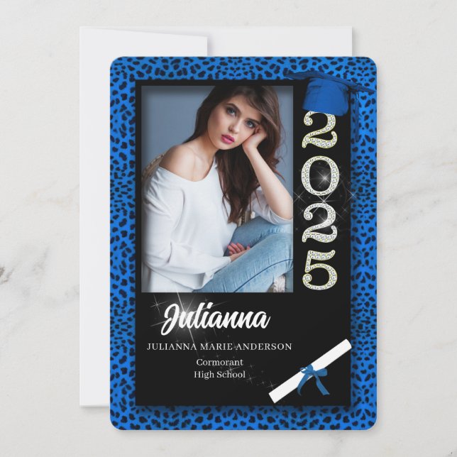 Blue Cheetah Print Class of 2025 Graduation Invitation (Front)