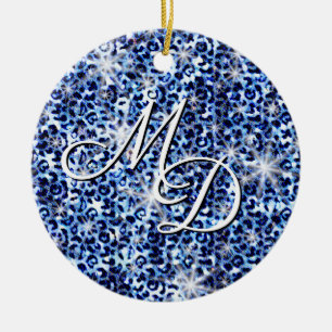Blue Cheetah Sparkles Monogram Ceramic Tree Decoration