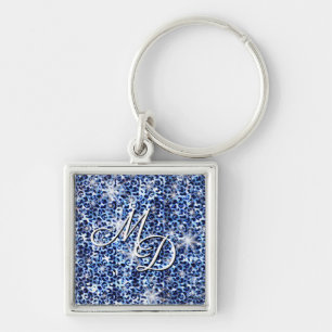 Blue Cheetah Sparkles Monogram Key Ring