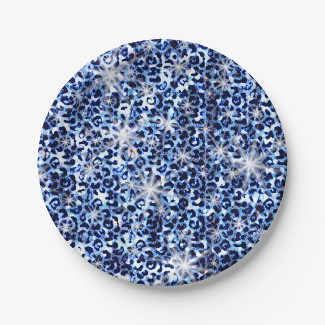 Blue Cheetah Sparkles Paper Plate (Front)