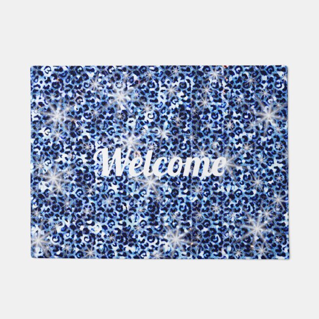 Blue Cheetah Sparkles Welcome Doormat (Front)