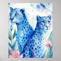 Blue Cheetahs Art Print, Wall Decor Watercolor 