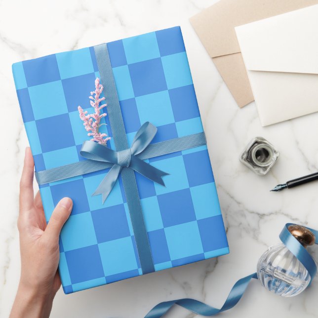 Blue Chequerboard Preppy Modern Minimalist Pattern Wrapping Paper (Gifting)
