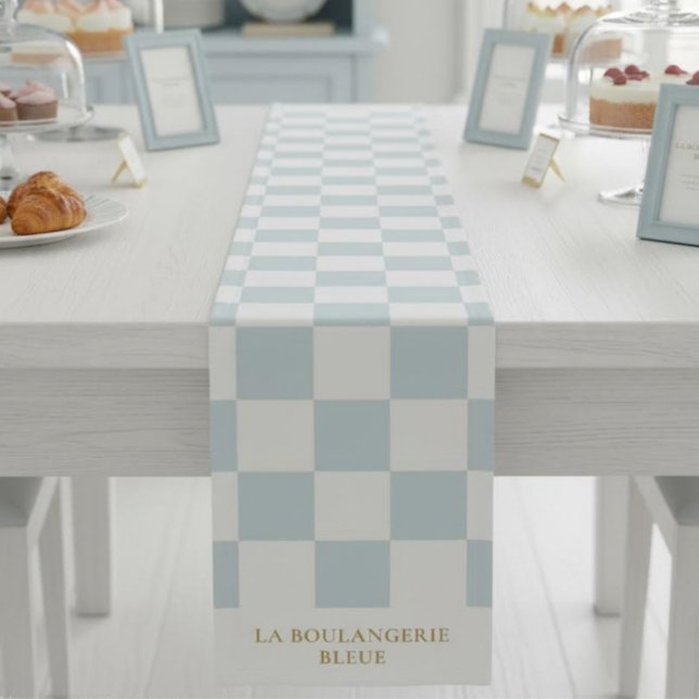 Blue Chequered Business Name Event Display Bakery Short Table Runner (Creator Uploaded)