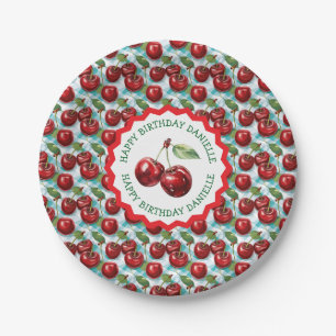 Blue Chequered Cherry Pattern Personalised Birthda Paper Plate