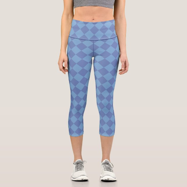 Blue Chequered Diamond Pattern  Capri Leggings (Front)