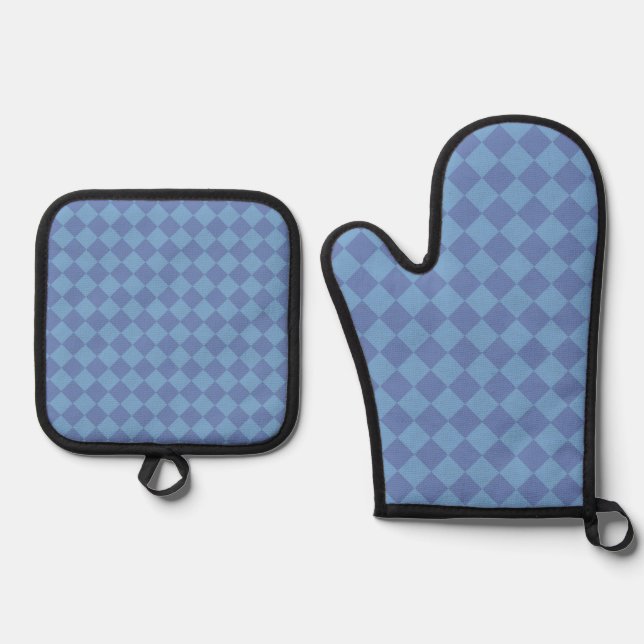 Blue Chequered Diamond Pattern Oven Mitt & Pot Holder Set (Front)