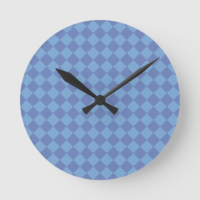 Blue Chequered Diamond Pattern Round Clock (Front)