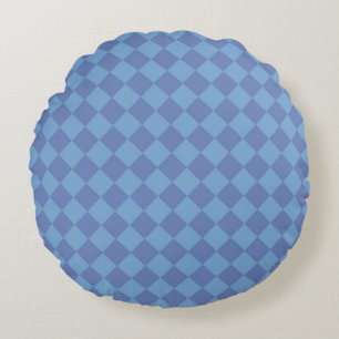 Blue Chequered Diamond Pattern Round Cushion