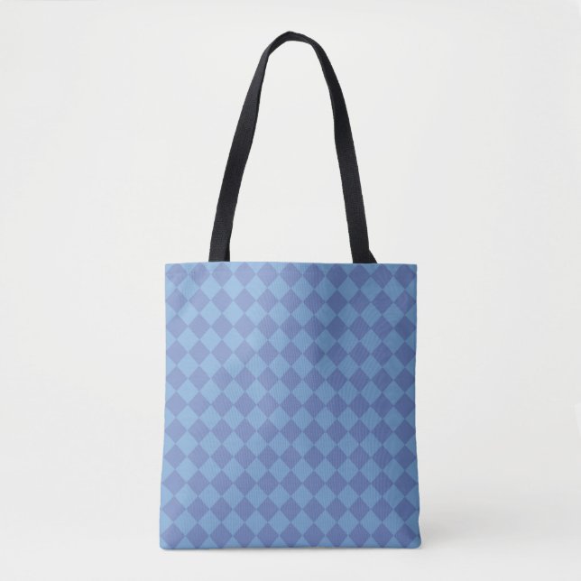 Blue Chequered Diamond Pattern Shoulder Tote Bag (Front)