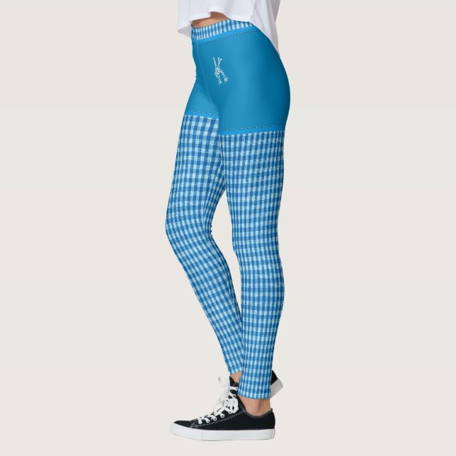 Blue Chequered Fabric Print Monogram Personalised Leggings (Left)