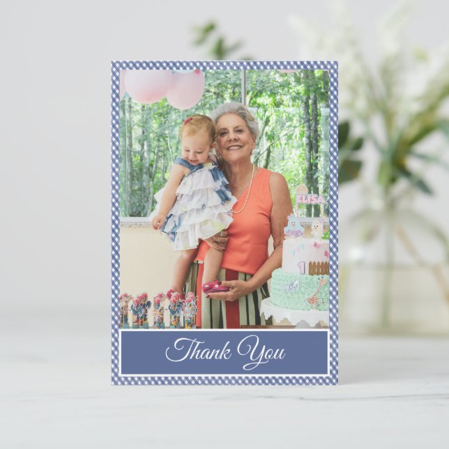 Blue Chequered Gingham Birthday Thank You Photo (Standing Front)