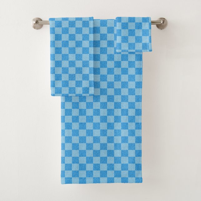 Blue Chequered Glitter Bath Towel Set (Insitu)
