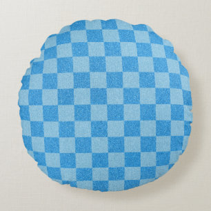 Blue Chequered Glitter Round Cushion