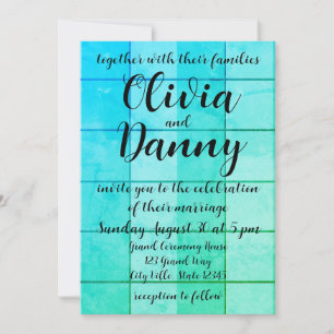 Blue Chequered Grid Pattern Beach Wedding Invitation