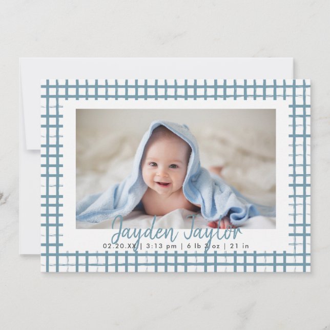 Blue Chequered Pattern Boy Photo Birth Announcement (Front)