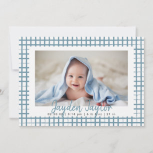 Blue Chequered Pattern Boy Photo Birth Announcement