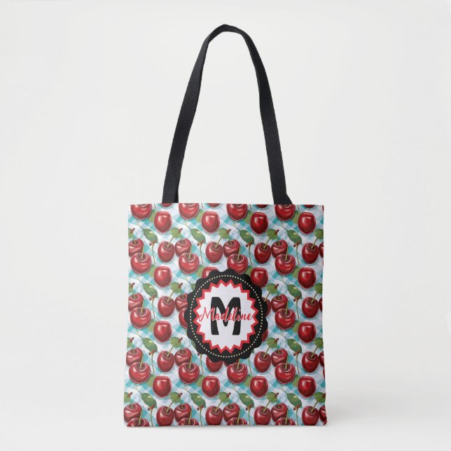 Blue Chequered Plaid Cherry Pattern Personalised Tote Bag (Front)