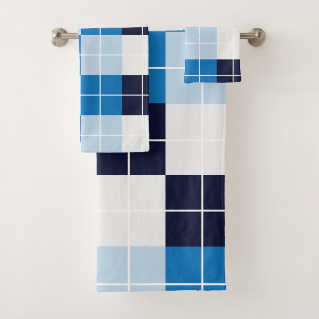 Blue Chequered Plaid Pattern Bath Towel Set (Insitu)