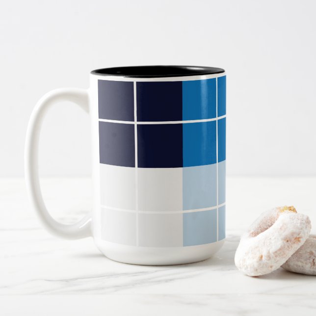 Blue Chequered Plaid Pattern Two-Tone Coffee Mug (With Donut)