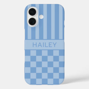 Blue Chequered Striped Personalised iPhone 16 Case