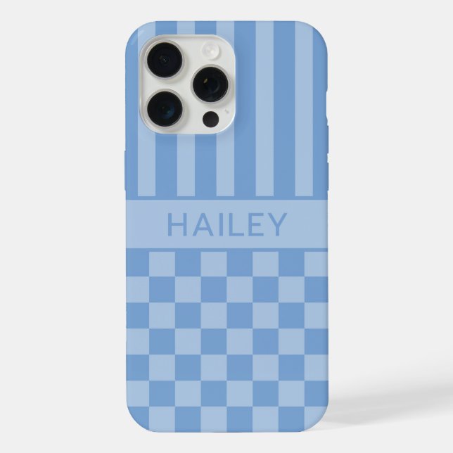 Blue Chequered Striped Personalised iPhone Case (Back)