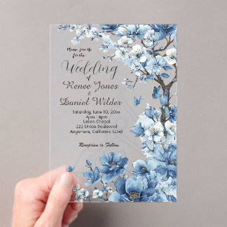 Blue Cherry Blossom Asian Wedding Invitation