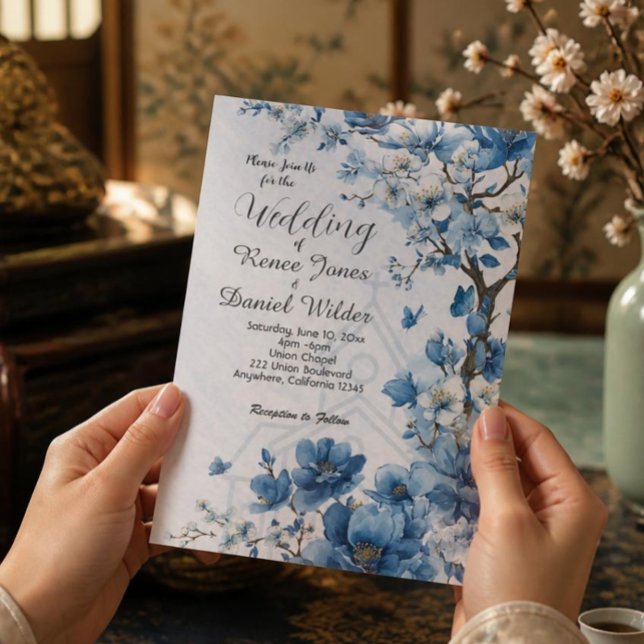 Blue Cherry Blossom Asian Wedding Invitation (Creator Uploaded)