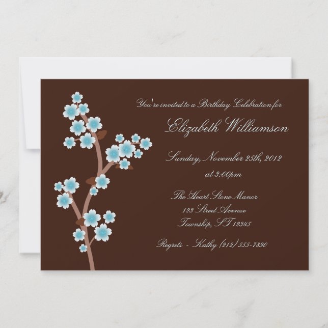Blue Cherry Blossom Brown Birthday Invitations (Front)