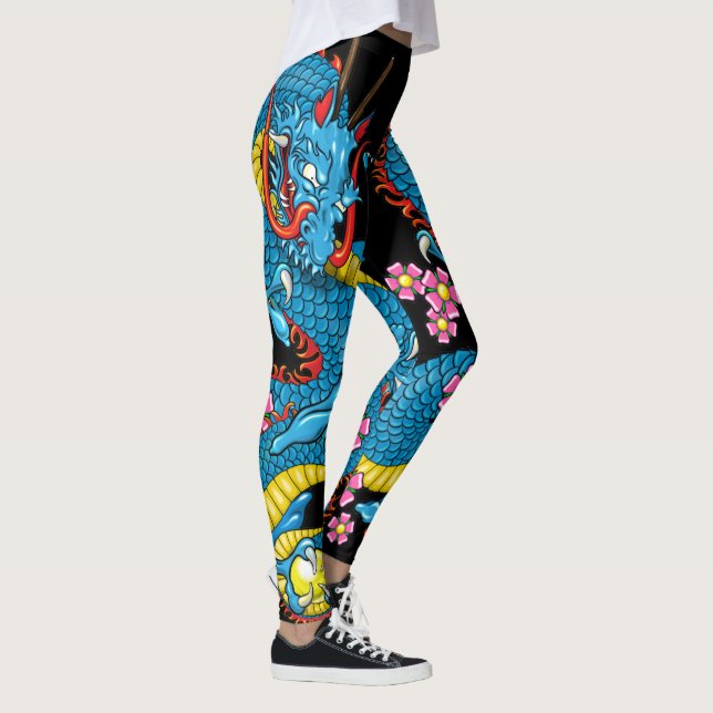 Blue Cherry Blossom Dragon Tattoo in Black Leggings (Right)