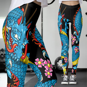 Blue Cherry Blossom Dragon Tattoo in Black Leggings