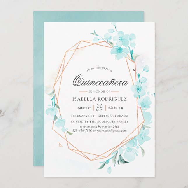 Blue Cherry Blossom Geometric Spring Quinceañera I Invitation (Front/Back)