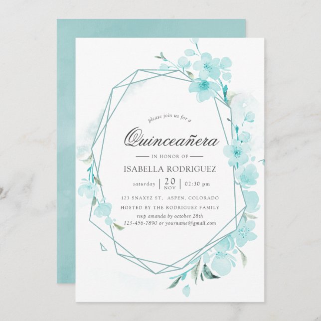 Blue Cherry Blossom Geometric Spring Quinceañera Invitation (Front/Back)