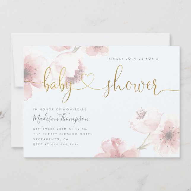 Blue Cherry Blossom Gold Script Floral Baby Shower Invitation (Front)