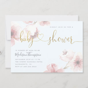 Blue Cherry Blossom Gold Script Floral Baby Shower Invitation