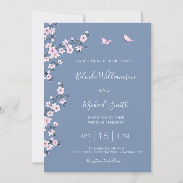 Blue Cherry Blossom Wedding Invitation (Front)
