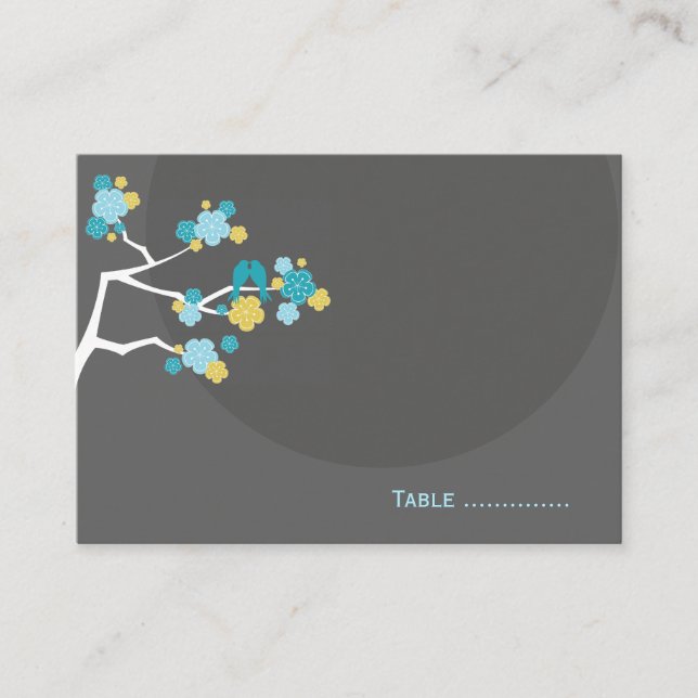 Blue Cherry Blossoms Love Bird Wedding Place Card (Front)