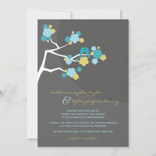 Blue Cherry Blossoms Love Birds Wedding Invite (Front)
