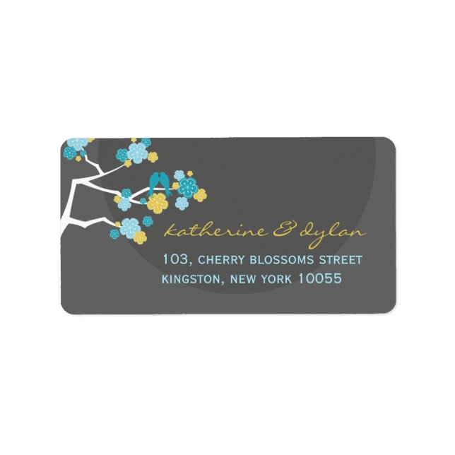Blue Cherry Blossoms Love Birds Wedding Labels (Front)