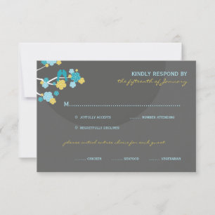 Blue Cherry Blossoms Love Birds Wedding RSVP Card