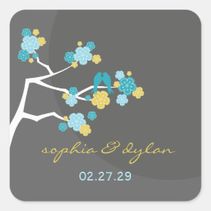 Blue Cherry Blossoms Love Birds Wedding Sticker