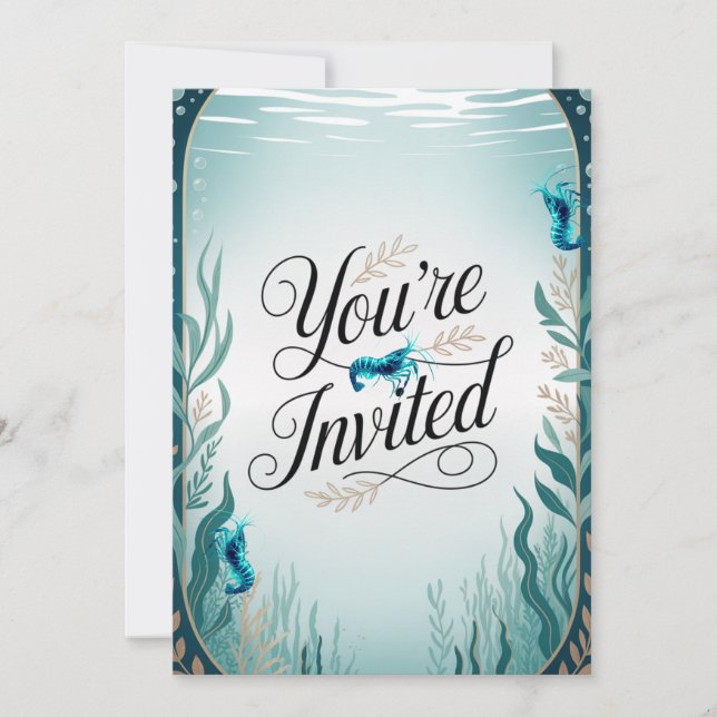 Blue Cherry Shrimp Wedding Party Invitation (Front)