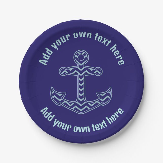 Blue Chevron Anchor Nautical Custom Text Paper Plate (Front)
