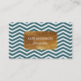 Blue Chevron and Faux Gold Foil Business Card