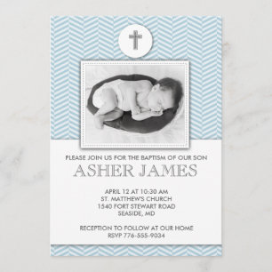 Blue Chevron Baby Baptism Christening Invitation