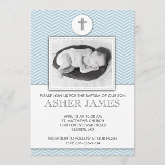 Blue Chevron Baby Baptism Christening Invitation
