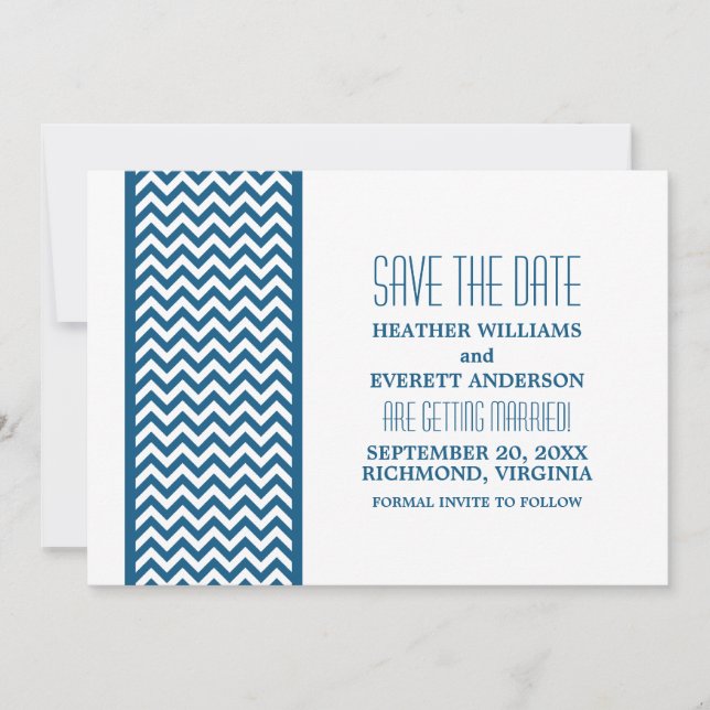 Blue Chevron Border Save the Date Invite (Front)