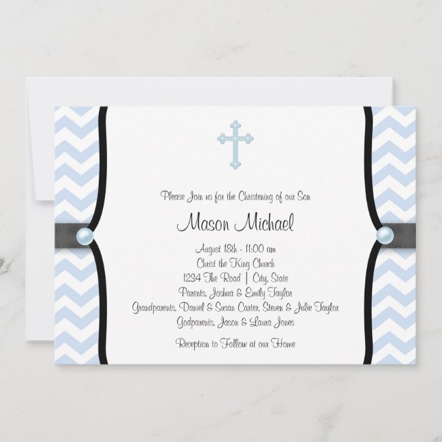 Blue Chevron Christening Invitation (Front)