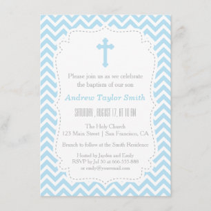 Blue Chevron Cross Baptism Invitations
