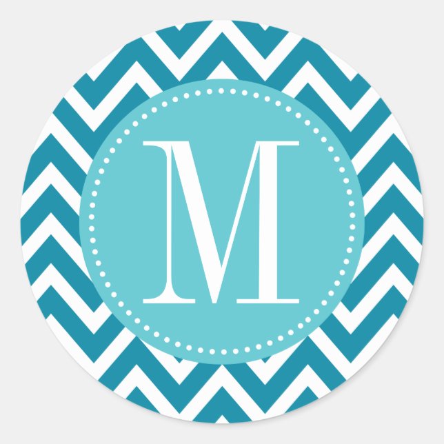 Blue Chevron Custom Monogram Classic Round Sticker (Front)